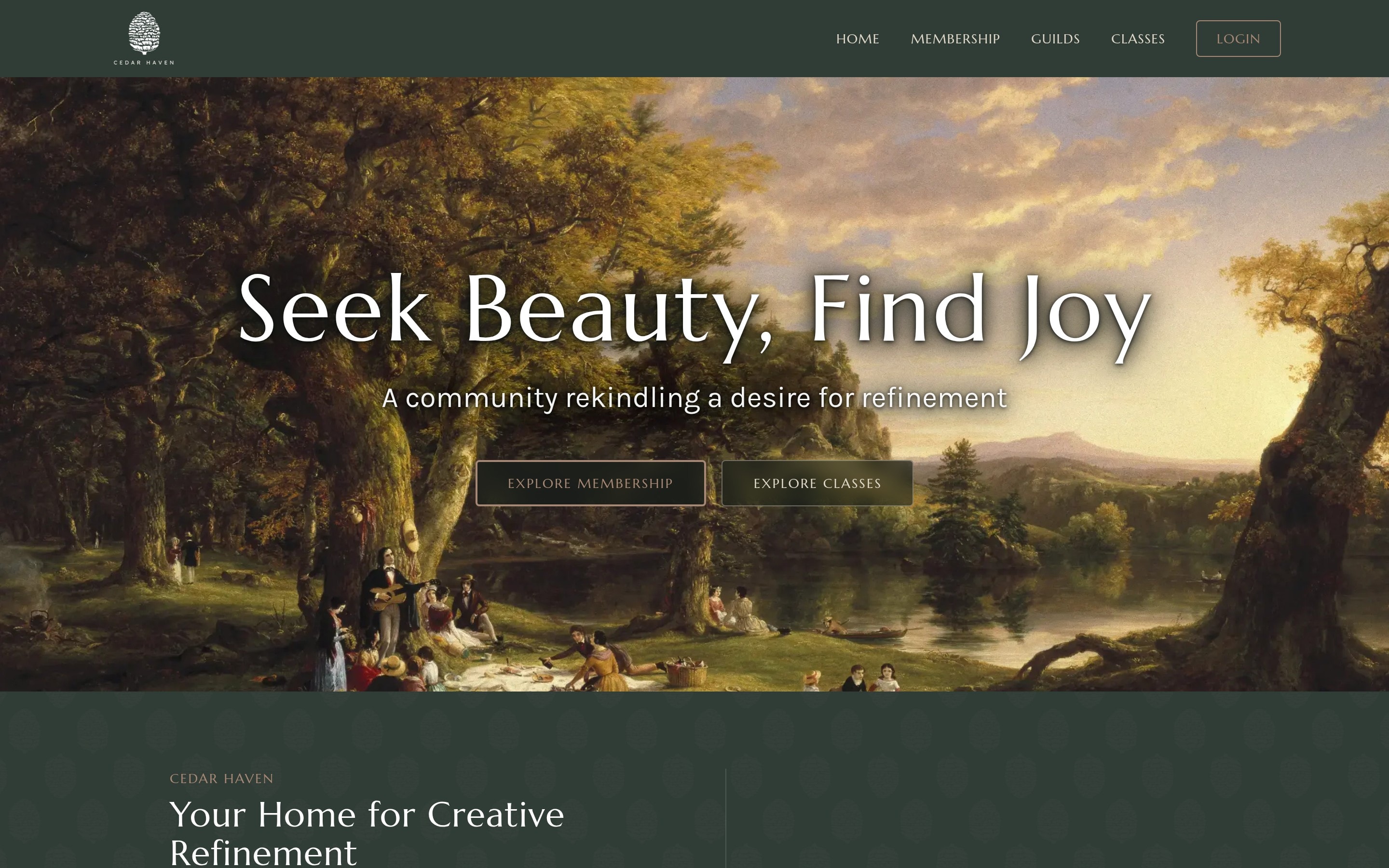 Cedar Haven homepage with the headline Seek Beauty, Find Joy over a landscape painting
