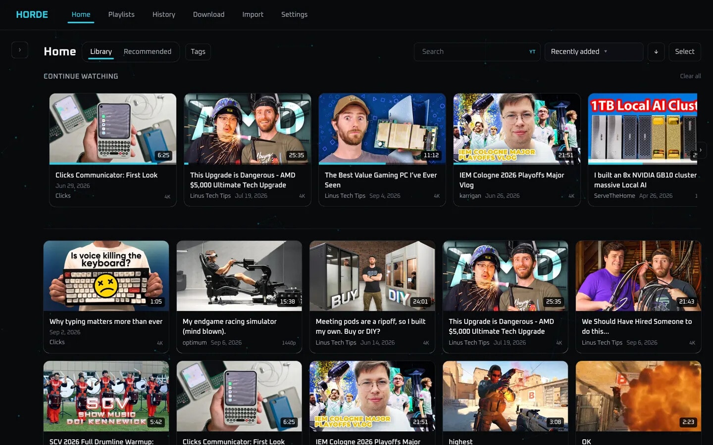 Horde library home with a continue-watching row and a grid of archived videos
