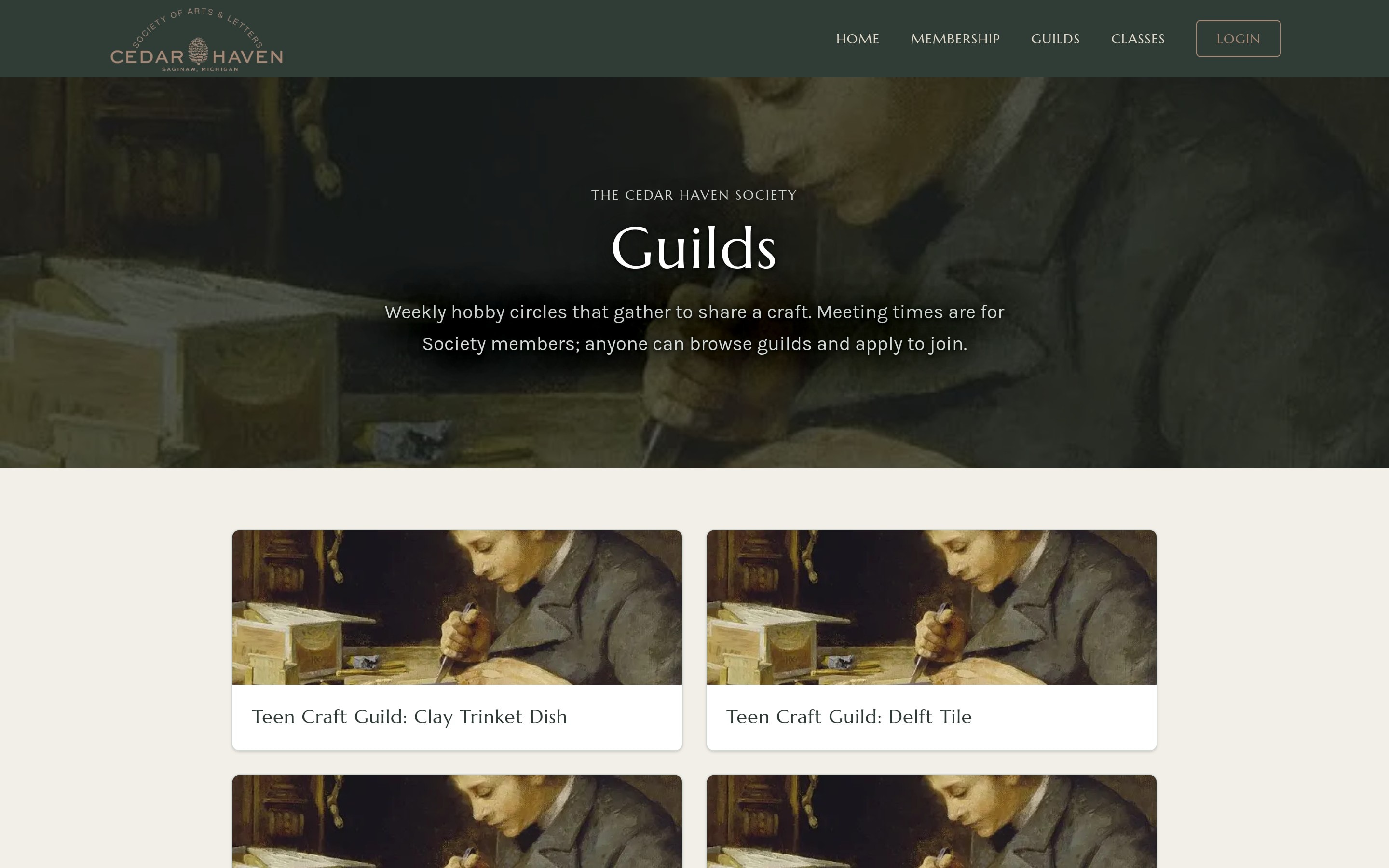 Cedar Haven guilds page listing weekly hobby circles