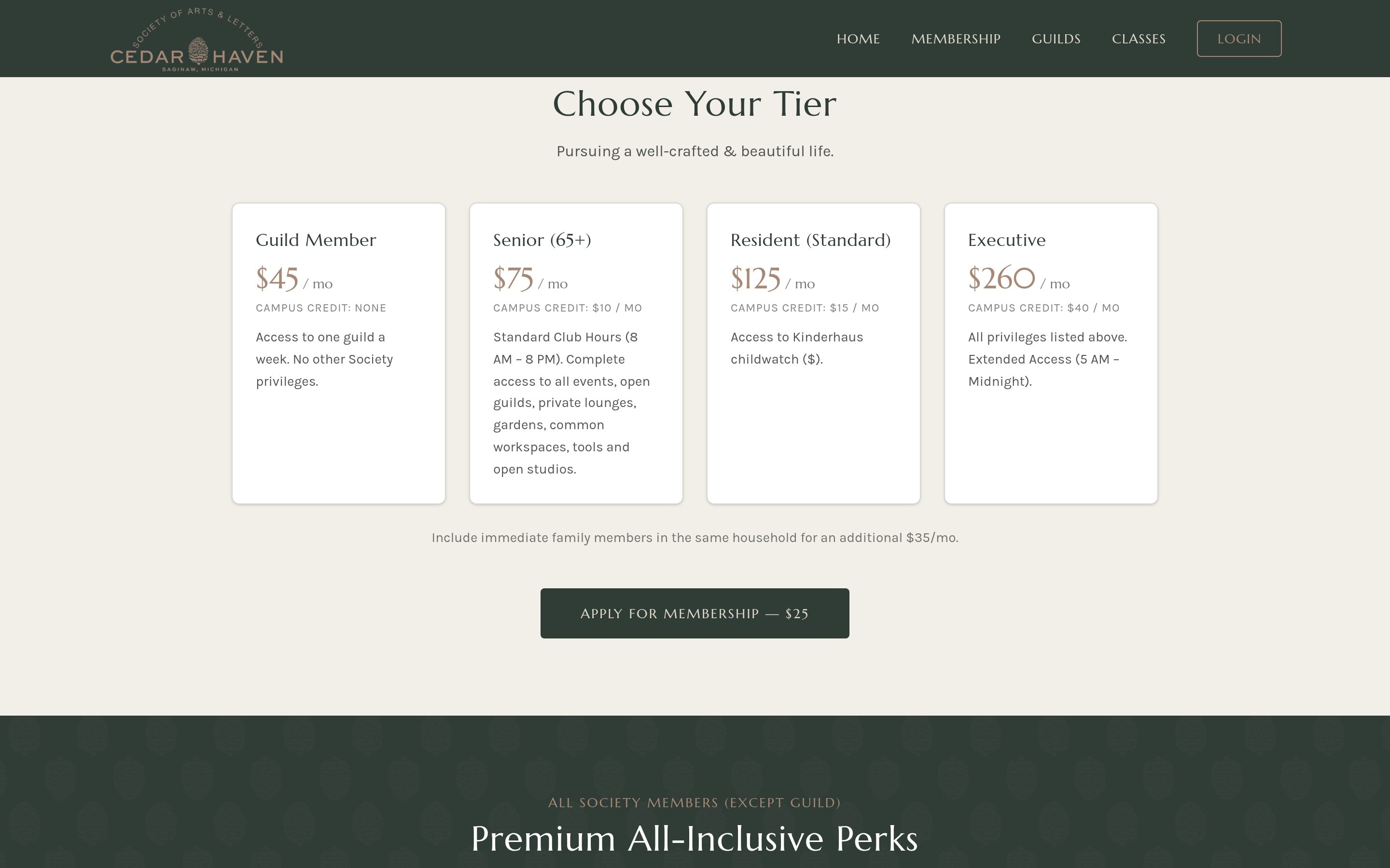 Cedar Haven membership tiers from Guild Member at $45 a month through Executive at $260