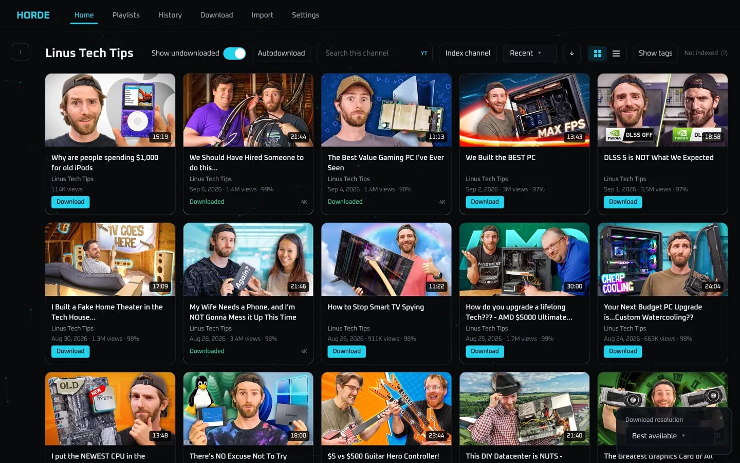 Horde channel catalog for Linus Tech Tips with download buttons on videos that are not saved yet