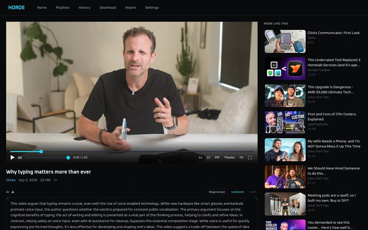 Horde video player with related videos and an AI-written summary